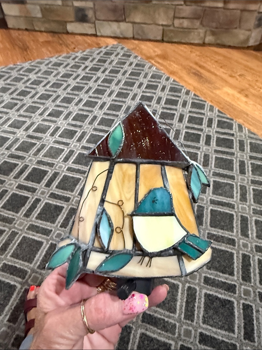 Trifari Teal Blue and Cream Stained Glass Bird Night Light